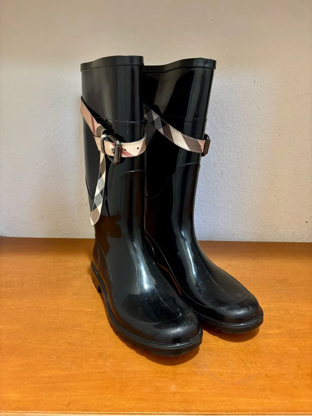 Women's Burberry Rain Boots with Plaid Accent Strap